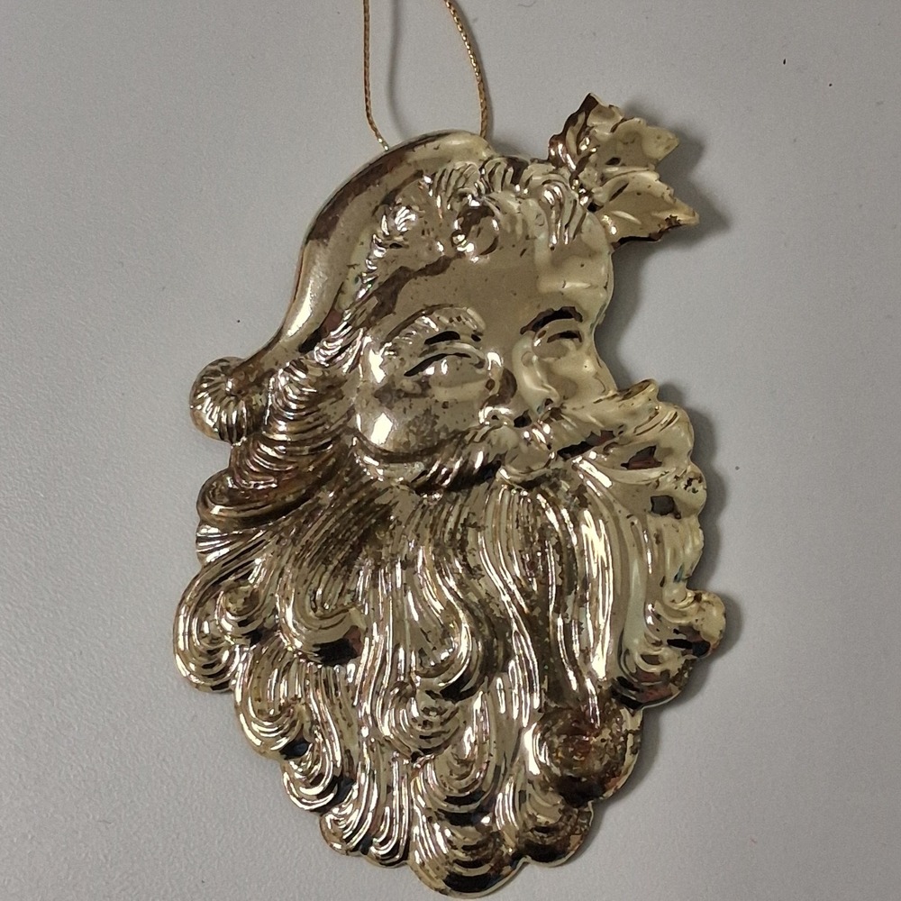 Vintage Metal Santa Face Ornament Gold Mercury Style Retro Christmas Kitsch